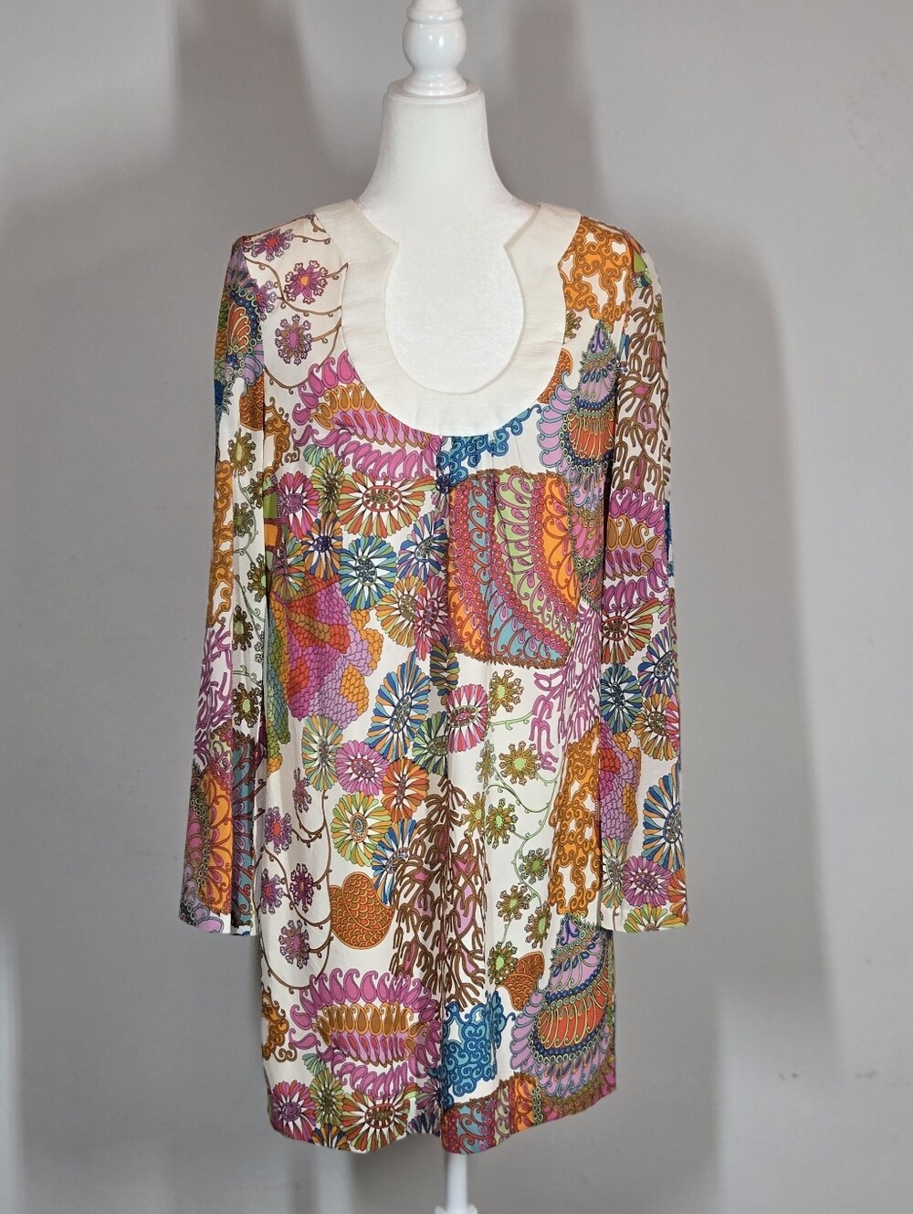Trina Turk Bonita Silk Dress Multicolor  Floral Paisley 60s Mod Bell Sleeve  12